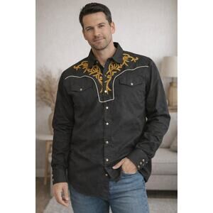 Winster Mens Medium Western Shirt Black Gold Button Down Cowboy Dress Shirt